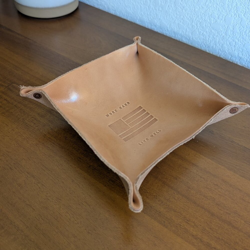 Made in USA Genuine Leather Valet Tray – “Work Hard, Live Well” Catchall